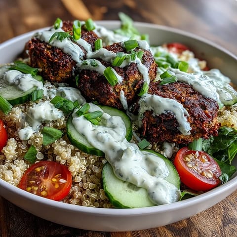 A hearty Falafel Quinoa Salad Bowl is drizzled with creamy garlic tahini sauce, ready to serve with a side of warm pita.  