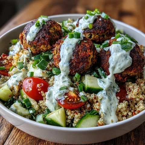 Crisp baked falafel balls rest atop fluffy quinoa, dotted with fresh diced cucumber, cherry tomatoes, and green onions in a vibrant bowl.  