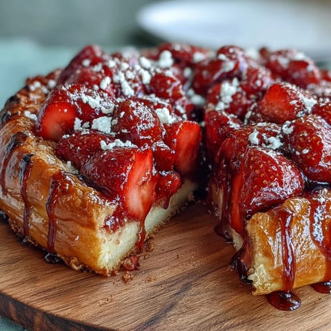 Golden strawberry galette with frangipane, juicy berries nestled in almond cream atop rustic pastry crust.