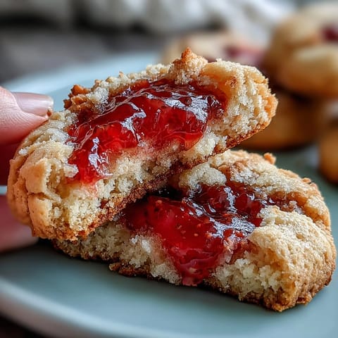 Fresh strawberry jam thumbprint cookies with golden edges and vibrant red jam centers, perfect for spring gatherings.