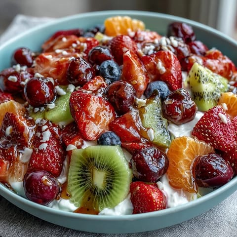 Vibrant spring fruit platter with colorful berries, melon, and kiwi served with creamy honey-yogurt dipping sauce.  
