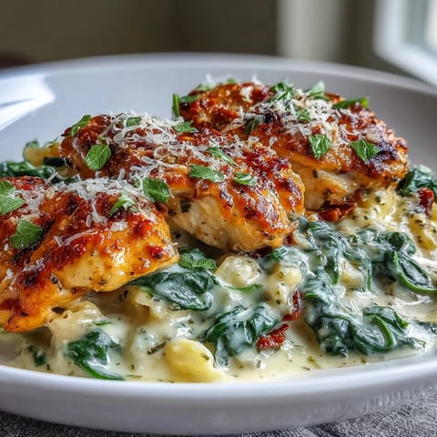 Creamy lemon orzo with tender chicken and fresh spinach, garnished with parsley and Parmesan.