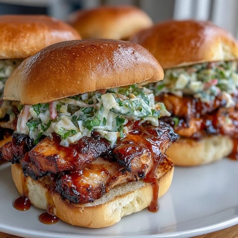 1. Juicy BBQ chicken sliders topped with tangy coleslaw on soft slider buns, perfect for a festive 4th of July BBQ.