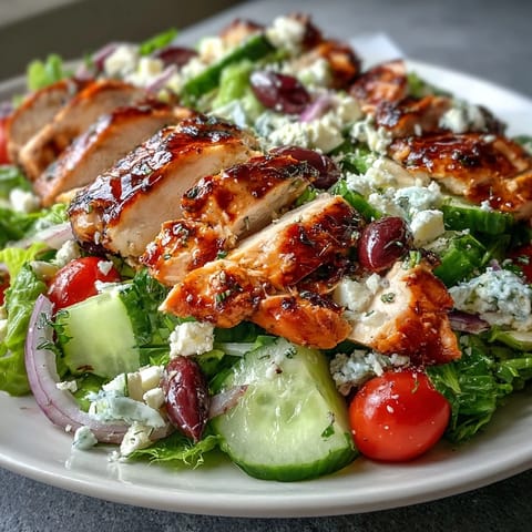 Colorful Greek salad bowl with tender grilled chicken, crisp cucumbers, tomatoes, and Kalamata olives for a healthy meal.  