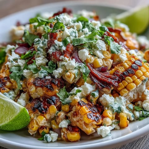 Vibrant Mexican Street Corn Salad with charred sweet corn, creamy dressing, and crumbled Cotija cheese—perfect summer barbecue side.