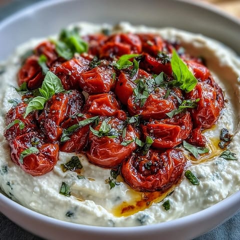 Creamy whipped feta dip topped with sweet roasted cherry tomatoes, garnished with fresh basil.  
