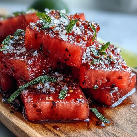 Refreshing watermelon wedges sprinkled with Tajin chili-lime seasoning and fresh lime juice, perfect for warm-weather gatherings.  