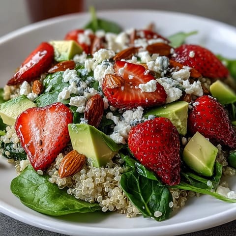 Vibrant strawberry avocado quinoa salad with juicy berries and creamy avocado, tossed in a bright citrus dressing for a refreshing, nutrient-packed meal.  