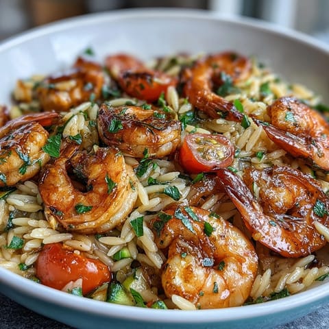 One-Pan Lemon Butter Shrimp and Orzo with juicy shrimp, tender orzo, and bright lemon in a vibrant Mediterranean-inspired skillet meal.