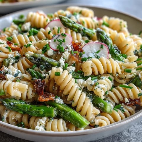 Spring pasta salad with lemon vinaigrette and radishes, vibrant and fresh, served in a white bowl with crisp vegetables and tender pasta.
