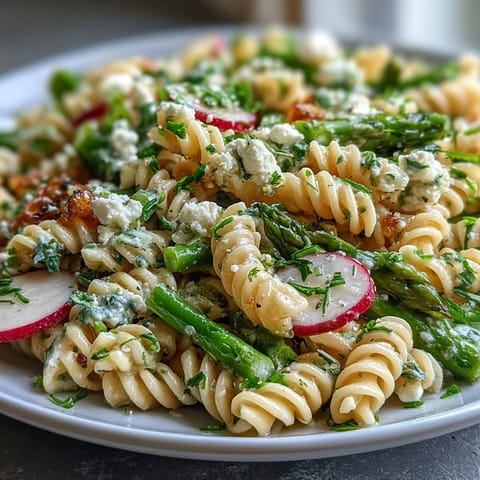 Bright spring pasta salad featuring radishes, asparagus, and lemon vinaigrette, garnished with fresh herbs and optional crumbled cheese for a light, zesty meal.