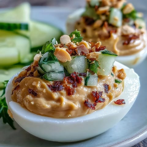 Vibrant Thai peanut deviled eggs topped with crunchy relish, perfect for parties.
