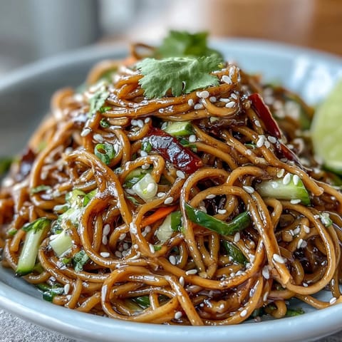 Cold soba noodle salad, vibrant and crisp, with zesty sesame ginger dressing.