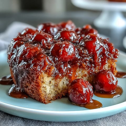 Moist cherry almond upside-down cake with glistening caramelized topping and fruit.