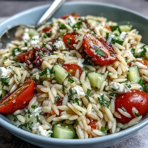 Vibrant Orzo Salad with Cucumber and Feta, dressed in zesty lemon.