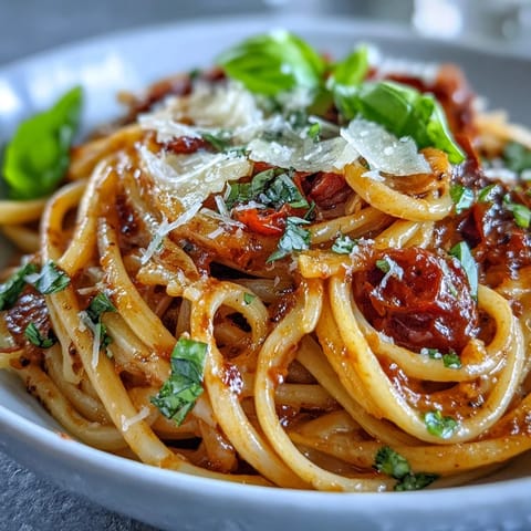 Creamy tomato basil pasta swirling with fresh basil and Parmesan cheese.