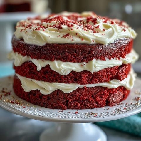 Vibrant Juneteenth Red Velvet Cake topped with luscious cream cheese frosting.