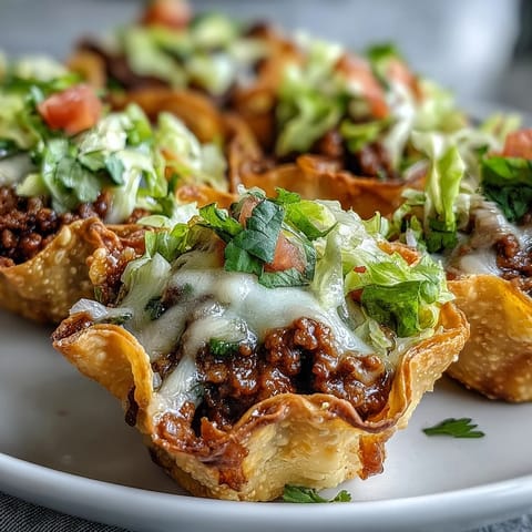 Flaky wonton wrappers filled with juicy taco meat, baked until golden brown.