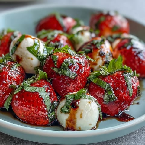 A refreshing Fresh Strawberry Caprese Salad with balsamic glaze, ready for summer enjoyment.