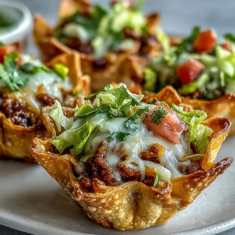 Golden, crispy mini taco cups overflowing with savory seasoned beef and melted cheese.