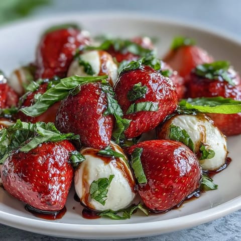 Fresh Strawberry Caprese Salad artfully arranged with vibrant berries, mozzarella, and basil.
