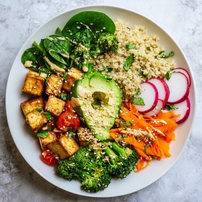 Vibrant Buddha bowl ingredients: fluffy quinoa, roasted tofu, crisp vegetables, and a drizzle of dressing.