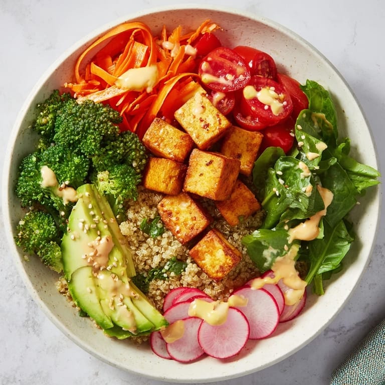 Delicious Buddha bowl: a healthy meal with grains, protein, and a vibrant array of fresh ingredients.