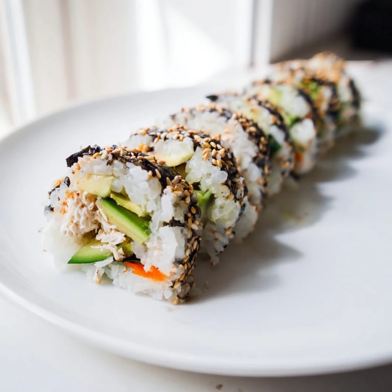 Close-up of a beautifully arranged California roll, showcasing the creamy filling and seaweed wrap.