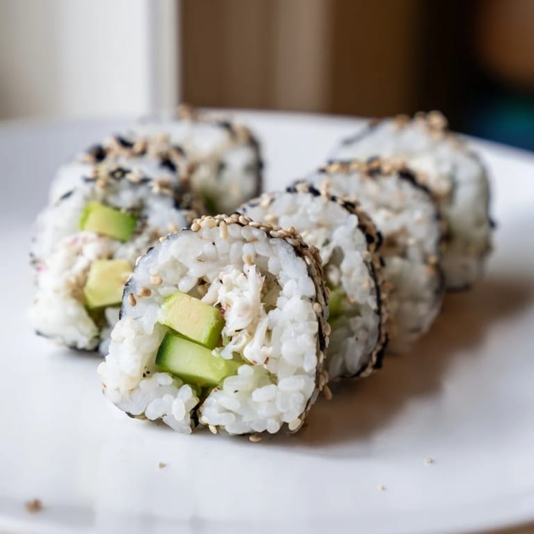 Perfectly sliced California roll pieces with crab, rice, and cucumber, garnished for your enjoyment.