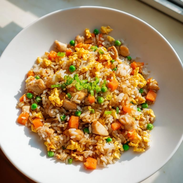 Close-up shot shows flavorful chicken fried rice, a quick and satisfying Asian comfort food dish.