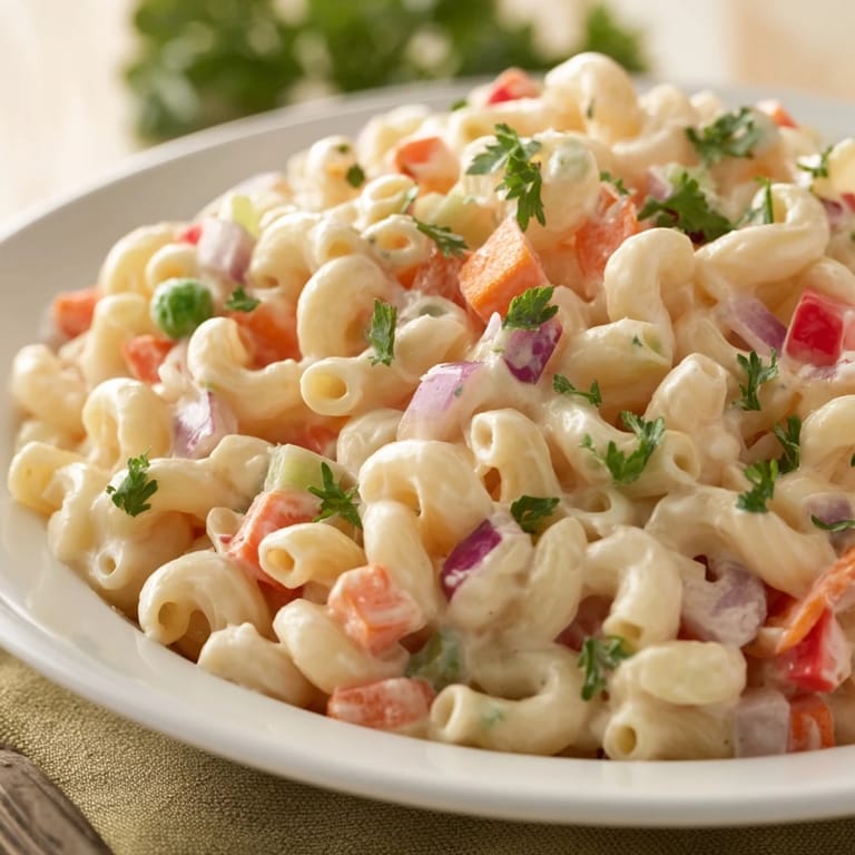 Cool, refreshing macaroni salad with colorful peppers and onions, a classic picnic side dish.