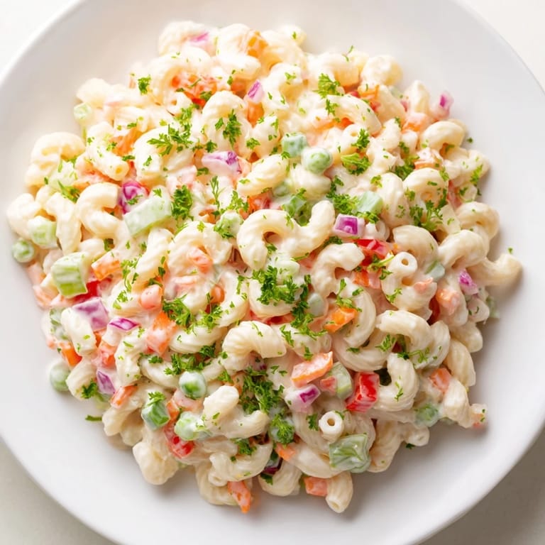 A bowl of delicious macaroni salad, with visible pasta and vegetables ready to serve.