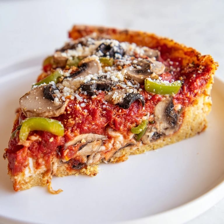 A close-up shot of the mouthwatering deep dish pizza, loaded with cheese and fresh toppings.