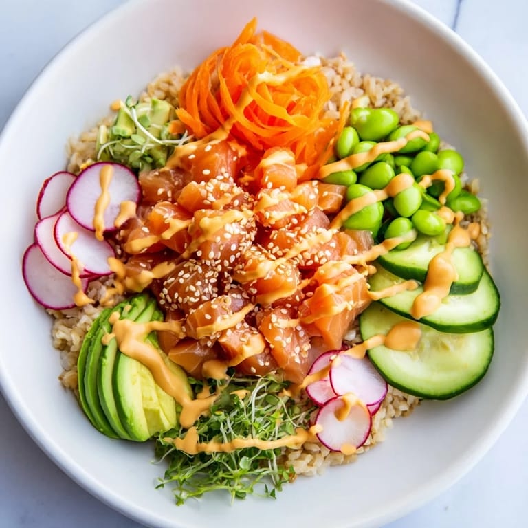 This delicious poke bowl features sushi rice topped with vibrant fish and crisp, fresh toppings.