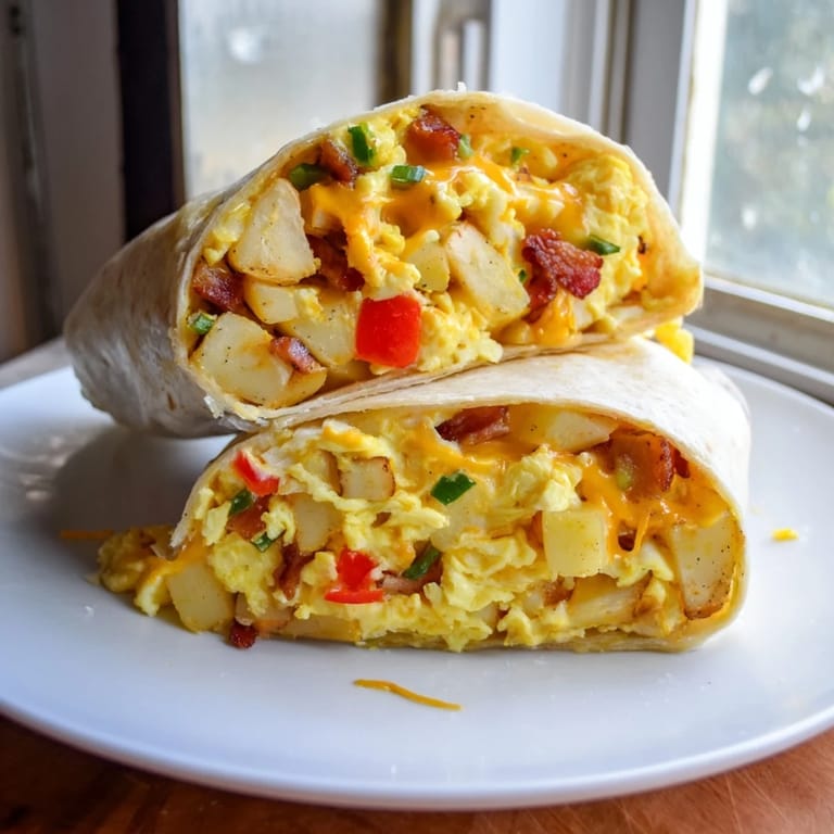 Delicious, overflowing Breakfast Burrito, showcasing fluffy eggs, crispy potatoes, and melted cheese, a classic favorite.