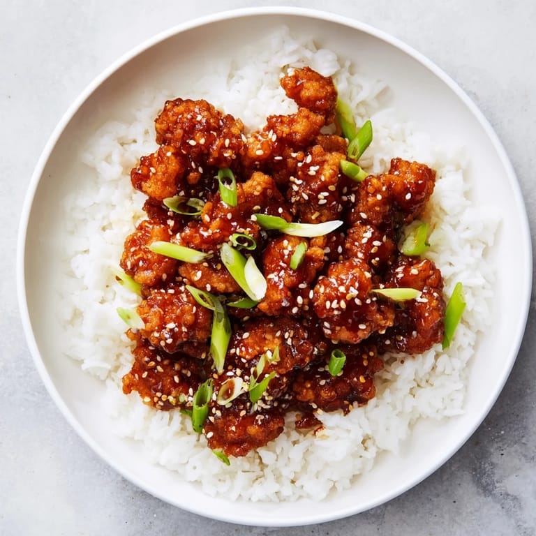 Close-up of savory General Tsos Chicken; the perfect balance of sweet, tangy, and fried textures.
