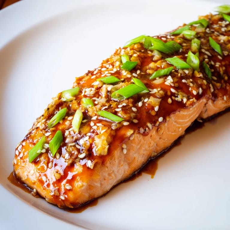 Delicious honey garlic salmon with a glossy sauce, ready to eat alongside fresh steamed vegetables.