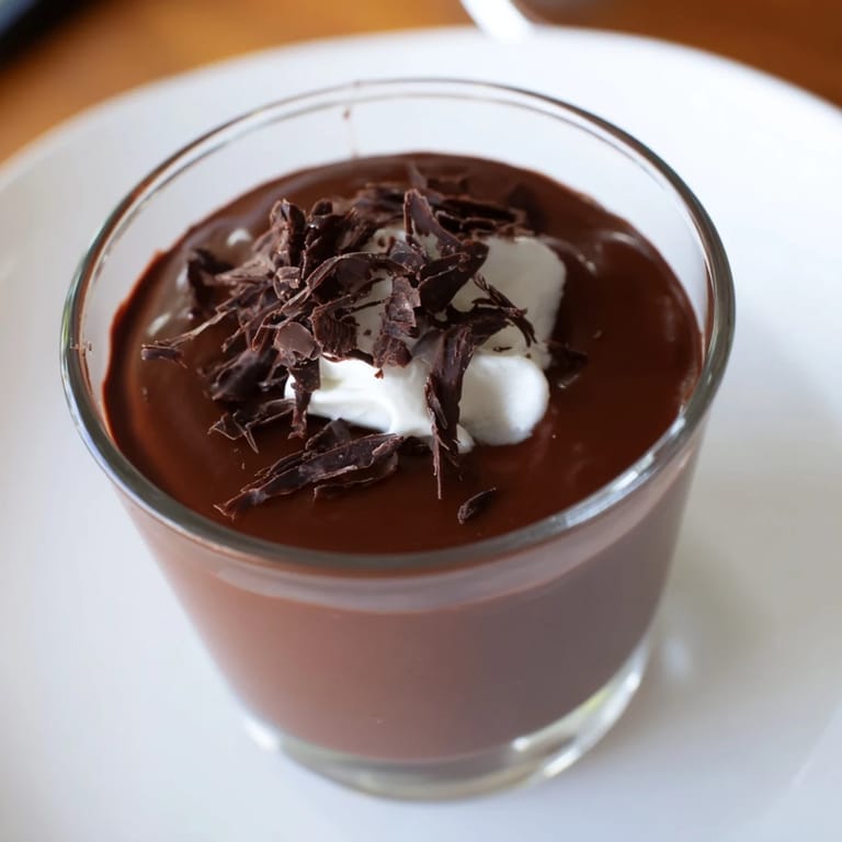 A close-up of smooth, glossy chocolate pudding, an easy dessert to make and enjoy.