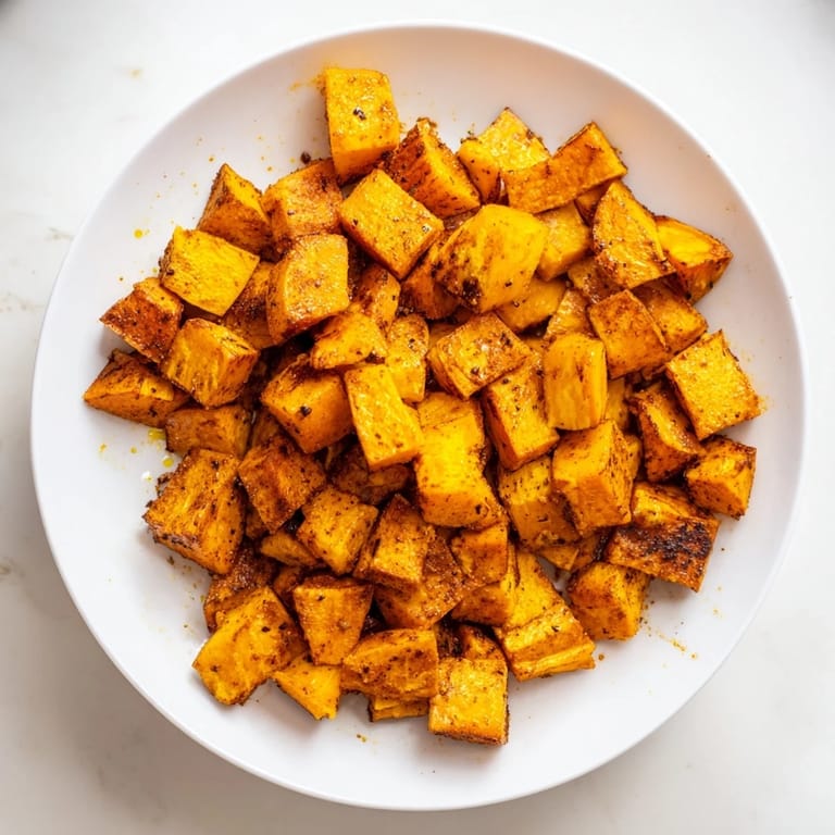 A close-up of delicious Roasted Sweet Potatoes, showing the caramelized texture and savory spices.