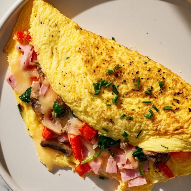 A perfectly cooked, cheesy omelet, with optional ham and fresh herbs for extra flavor.