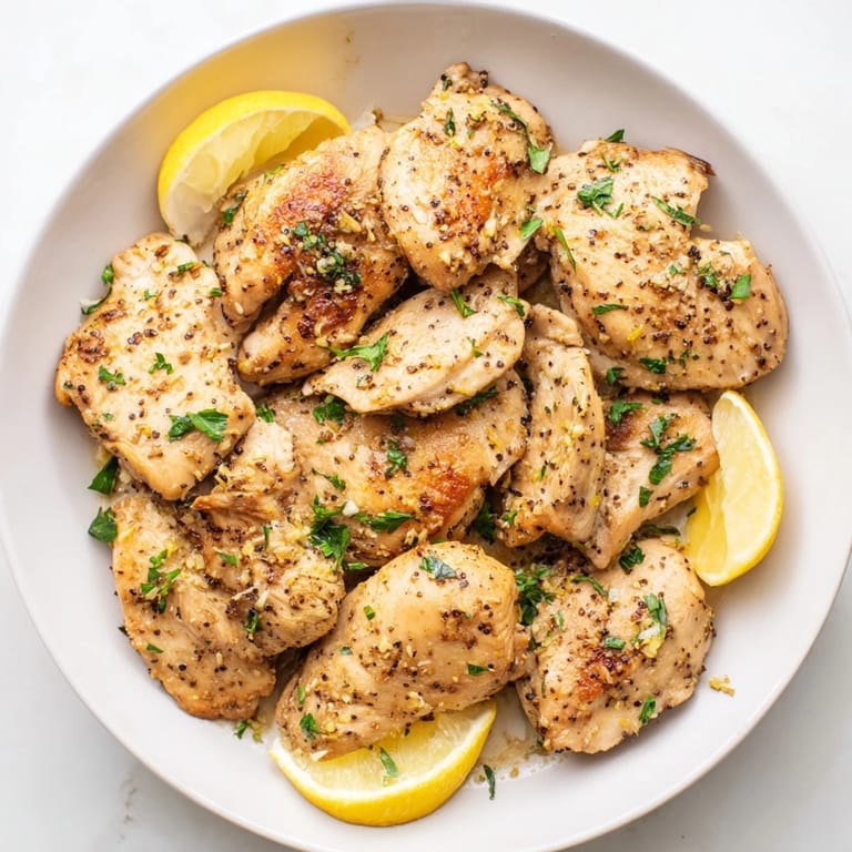 Golden-brown pieces of Lemon Pepper Chicken, glistening with flavor, cooked to tender perfection for dinner.