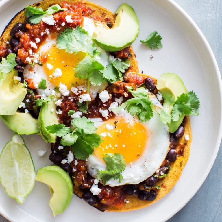 Perfectly cooked Huevos Rancheros, a hearty Mexican breakfast piled high with black beans and feta cheese.