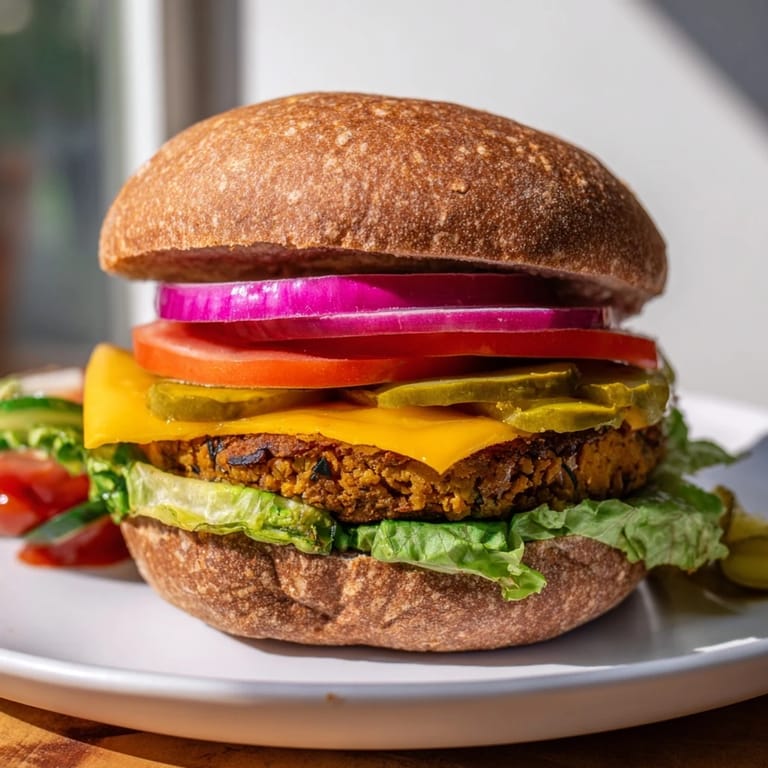 Delicious veggie burger with melting cheese, juicy tomato, and crisp lettuce, a satisfying meal.