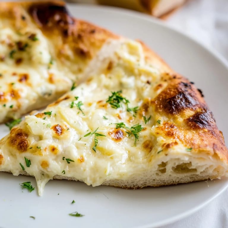 Sliced creamy garlic white pizza reveals rich sauce and melted cheese, served on a rustic wooden board.  