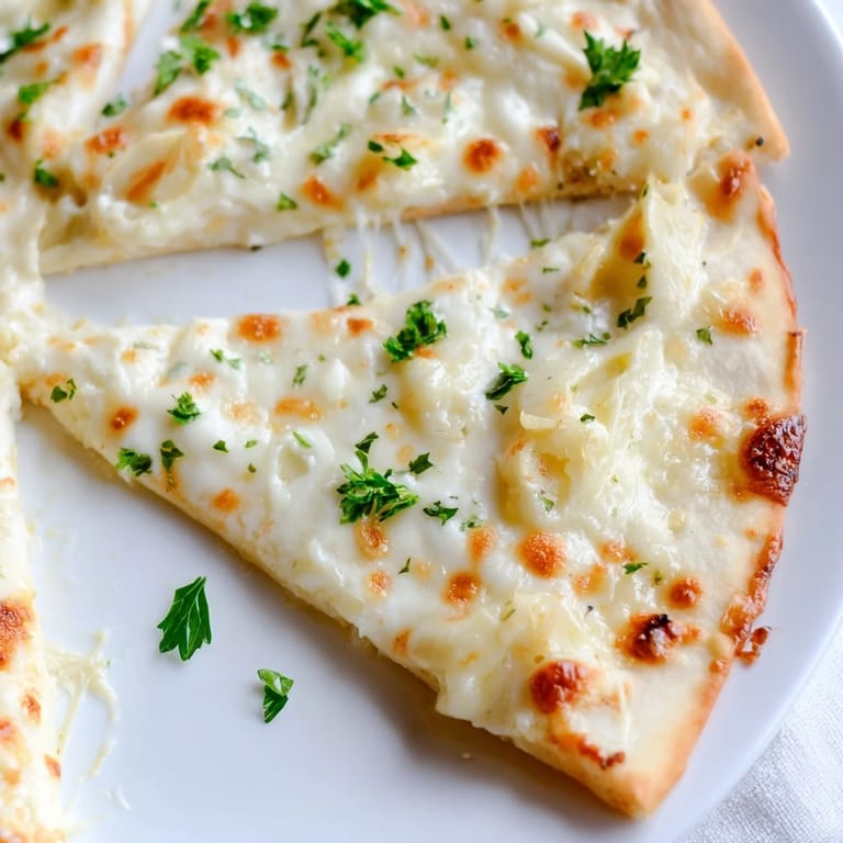 Golden-baked creamy garlic white pizza with bubbling cheese and a garlic cream sauce on a cutting board.