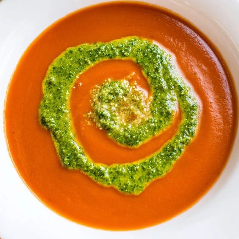 Colorful serving of Tomato Soup with Basil Pesto Swirl in a rustic bowl, ready to enjoy with a grilled cheese.
