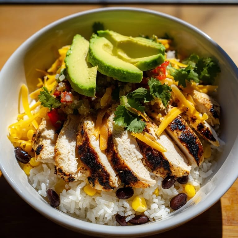 A vibrant Tex-Mex burrito bowl featuring charred chicken, zesty salsa, and melted cheese with lime wedges on the side.