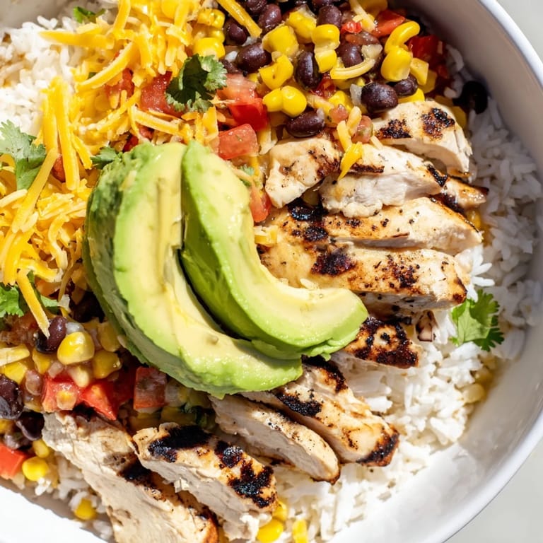 Colorful spicy chicken burrito bowl garnished with cilantro, avocado slices, and corn, served as a hearty gluten-free main dish.