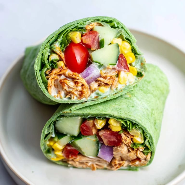 The interior of a vibrant BBQ Chicken Salad Wrap, featuring juicy shredded BBQ chicken mixed with crisp red onions, sweet corn, and fresh greens in a creamy paprika-spiked dressing.