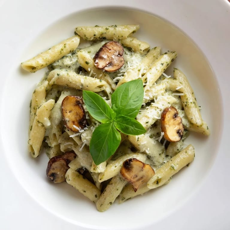 A skillet of sautéed mushrooms simmered in basil pesto and cream, tossed with al dente penne.